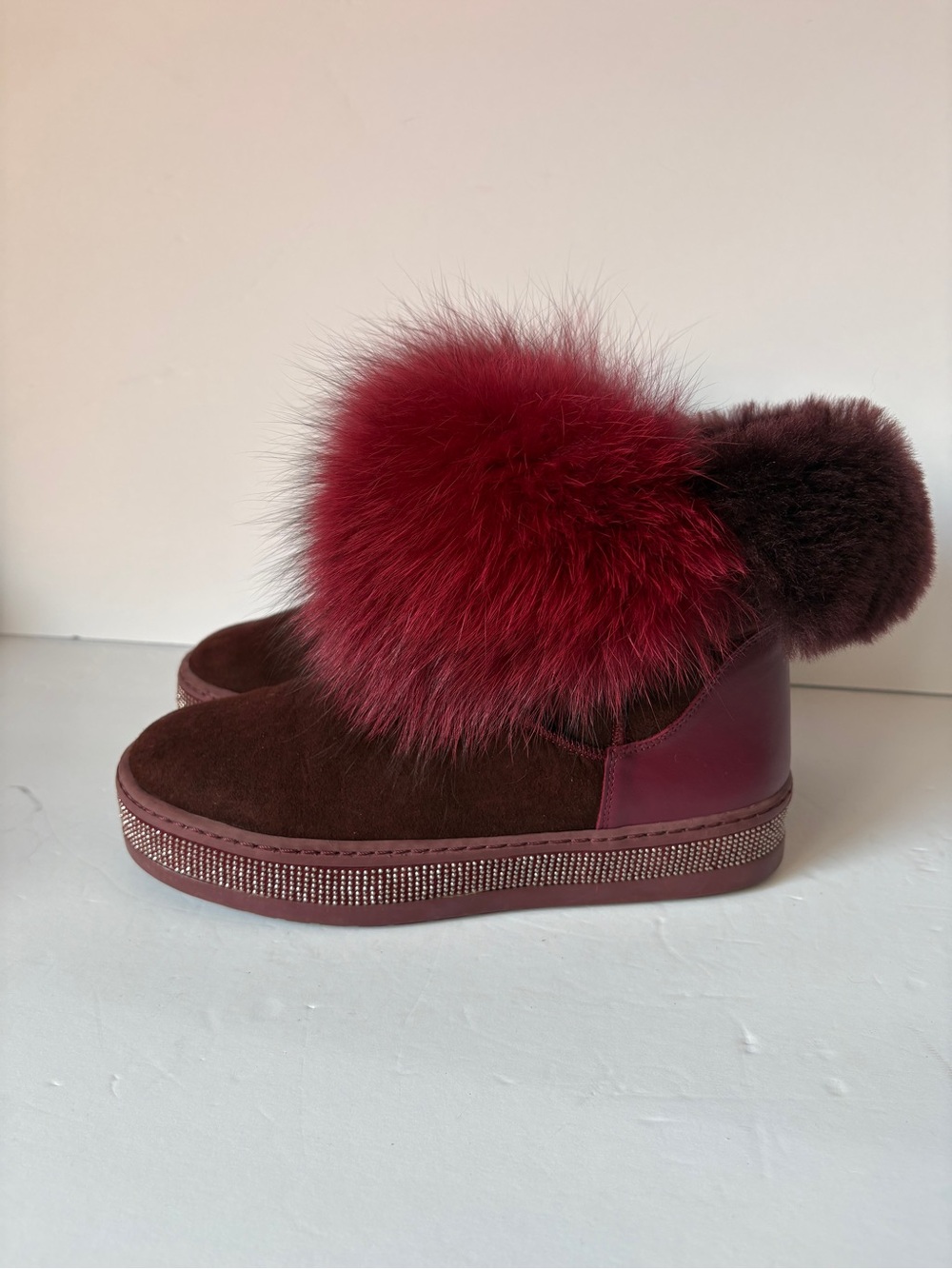 Women's Burgundy Fur Accent Slip-On Sneakers